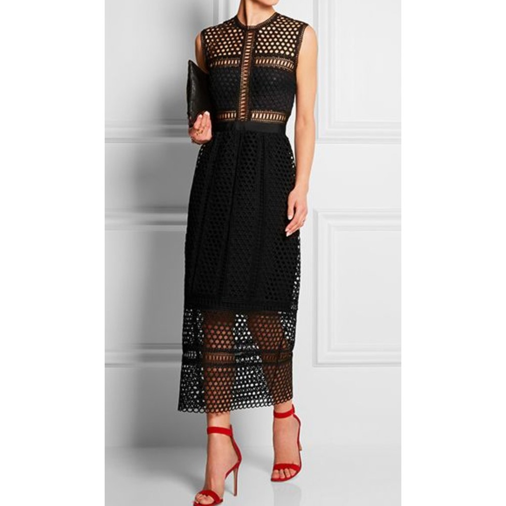 Self-Portrait Black Guipure Lace Midi Dress Crochet Sleeveless Womens Size 4